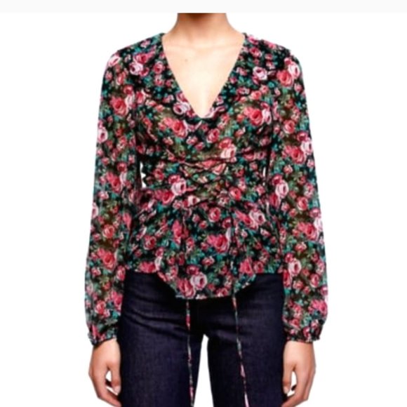 Zara Dark Floral Rose Front Lace Up Corset Top Chiffon Billowing Long Sleeves - Picture 1 of 11